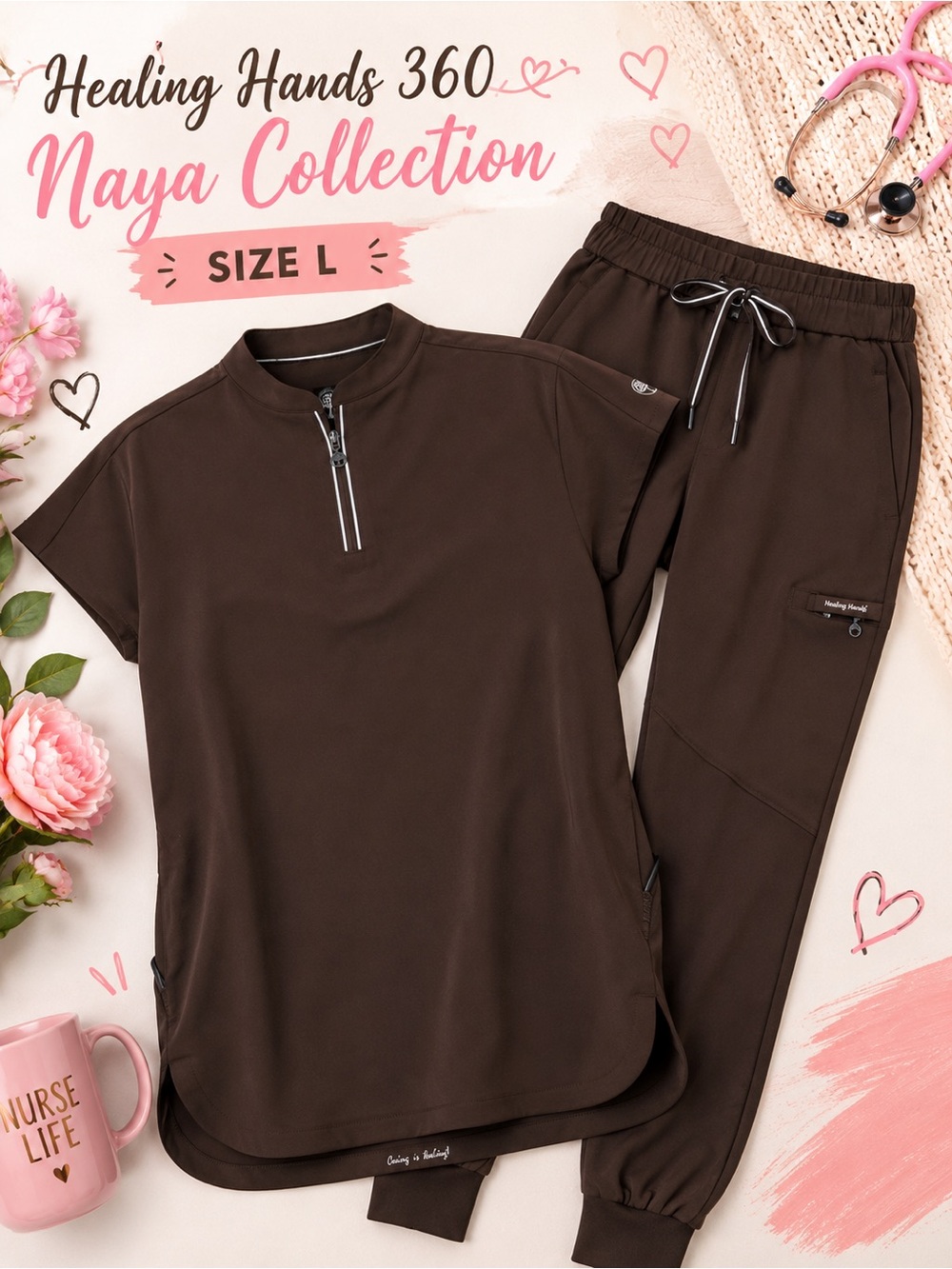 Healing Hands 360 Naya Collection Chocolate brown Scrubs jogger set